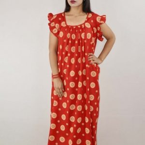 Red Cotton Maxi Nighty Square Neck Short Sleeves with pleats