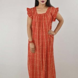 Red Cotton Maxi Nighty Square Neck Short Sleeves with pleats