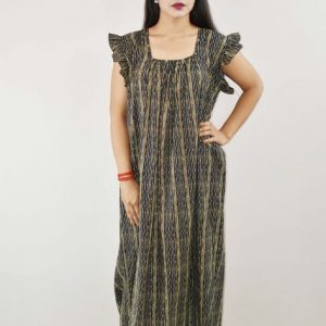 Green Cotton Maxi Nighty Square Neck Short Sleeves with pleats