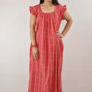 Pink Cotton Maxi Nighty Square Neck Short Sleeves with pleats