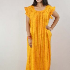Yellow Cotton Maxi Nighty Square Neck Short Sleeves with pleats