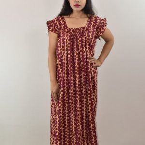 Maroon Cotton Maxi Nighty Square Neck Short Sleeves with pleats