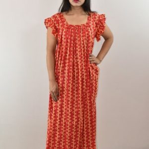 Red Cotton Maxi Nighty Square Neck Short Sleeves with pleats