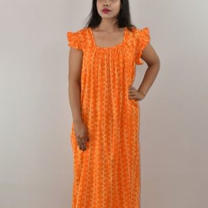 Yellow Cotton Maxi Nighty Square Neck Short Sleeves with pleats