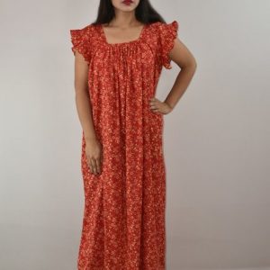 Red Cotton Maxi Nighty Square Neck Short Sleeves with pleats