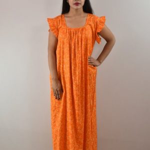 Yellow Cotton Maxi Nighty Square Neck Short Sleeves with pleats