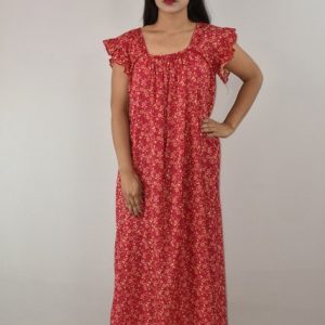 Pink Cotton Maxi Nighty Square Neck Short Sleeves with pleats