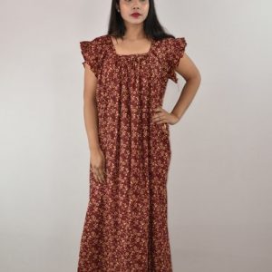 Maroon Cotton Maxi Nighty Square Neck Short Sleeves with pleats
