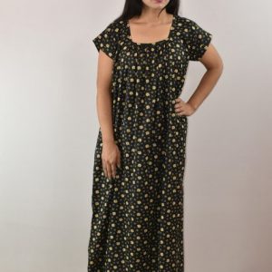 Black Cotton Maxi Nighty Square Neck Short Sleeves