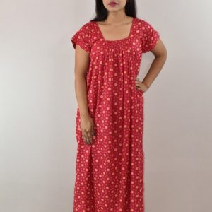 Pink Cotton Maxi Nighty Square Neck Short Sleeves