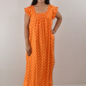 Red Cotton Maxi Nighty Square Neck Short Sleeves with pleats