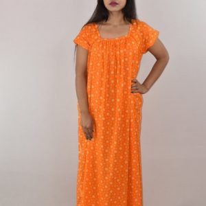 Yellow Cotton Maxi Nighty Square Neck Short Sleeves