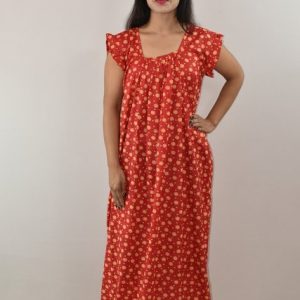 Yellow Cotton Maxi Nighty Square Neck Short Sleeves with pleats