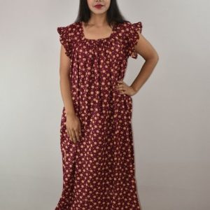 Maroon Cotton Maxi Nighty Square Neck Short Sleeves with pleats