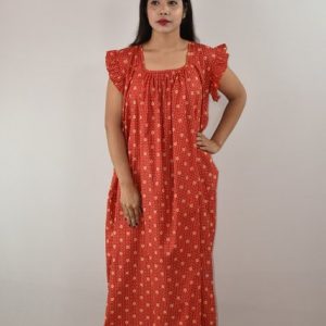 Red Cotton Maxi Nighty Square Neck Short Sleeves with pleats