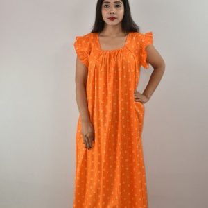 Yellow Cotton Maxi Nighty Square Neck Short Sleeves with pleats