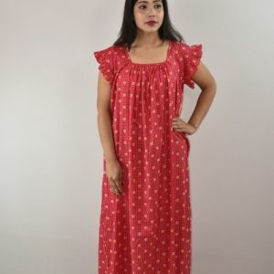 Pink Cotton Maxi Nighty Square Neck Short Sleeves with pleats
