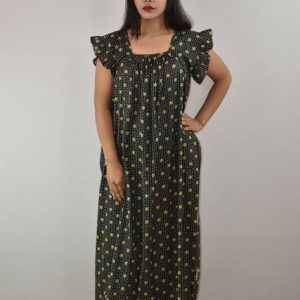 Black Cotton Maxi Nighty Square Neck Short Sleeves with pleats