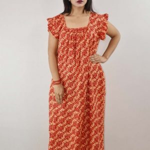 Red Cotton Maxi Nighty Square Neck Short Sleeves with pleats