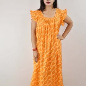 Yellow Cotton Maxi Nighty Square Neck Short Sleeves with pleats
