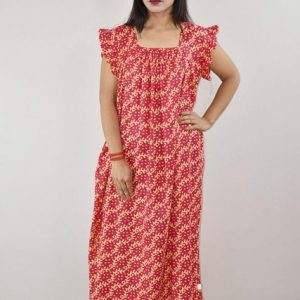 Pink Cotton Maxi Nighty Square Neck Short Sleeves with pleats