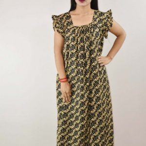 Green Cotton Maxi Nighty Square Neck Short Sleeves with pleats