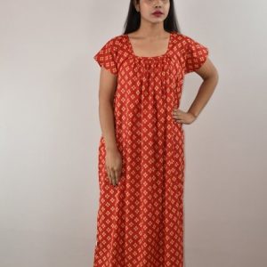 Red Cotton Maxi Nighty Square Neck Short Sleeves
