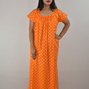 Yellow Cotton Maxi Nighty Square Neck Short Sleeves