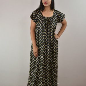 Black Cotton Maxi Nighty Square Neck Short Sleeves