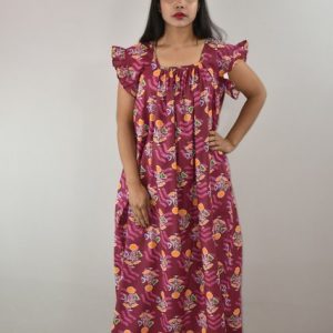 Purple Cotton Maxi Nighty Square Neck Short Sleeves with pleats
