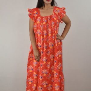 Red Cotton Maxi Nighty Square Neck Short Sleeves with pleats