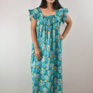 Blue Cotton Maxi Nighty Square Neck Short Sleeves with pleats