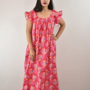 Pink Cotton Maxi Nighty Square Neck Short Sleeves with pleats