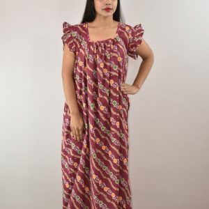 MaroonCotton Maxi Nighty Square Neck Short Sleeves with pleats