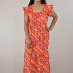 Red Cotton Maxi Nighty Square Neck Short Sleeves with pleats