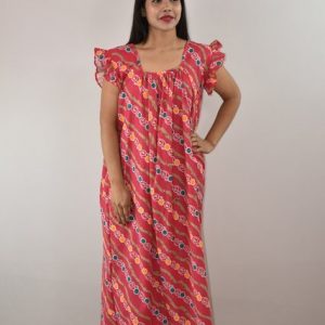 Pink Cotton Maxi Nighty Square Neck Short Sleeves with pleats
