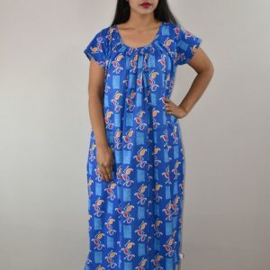 Blue Cotton Maxi Nighty Round Neck Short Sleeves