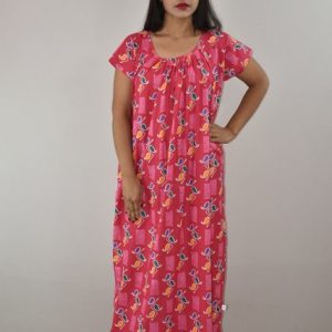 Pink Cotton Maxi Nighty Round Neck Short Sleeves