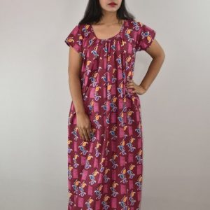Maroon Cotton Maxi Nighty Round Neck Short Sleeves