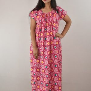 Pink Cotton Maxi Nighty Round Neck Short Sleeves