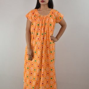 Yellow Cotton Maxi Nighty Round Neck Short Sleeves