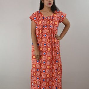 Red Cotton Maxi Nighty Round Neck Short Sleeves