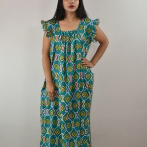 Sea Green Cotton Maxi Nighty Square Neck Short Sleeves