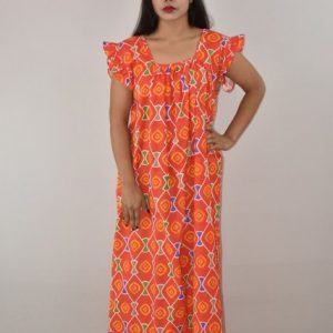 Red Cotton Maxi Nighty Square Neck Short Sleeves