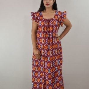 Maroon Cotton Maxi Nighty Square Neck Short Sleeves