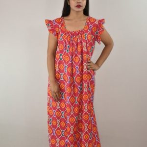 Pink Cotton Maxi Nighty Square Neck Short Sleeves