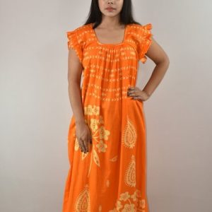 Yellow Cotton Maxi Nighty Square Neck Short Sleeves with pleats