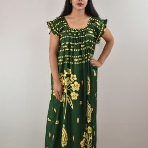 Green Cotton Maxi Nighty Square Neck Short Sleeves with pleats