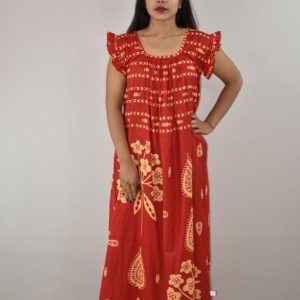 Red Cotton Maxi Nighty Square Neck Short Sleeves with pleats