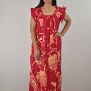 Pink Cotton Maxi Nighty Square Neck Short Sleeves with pleats